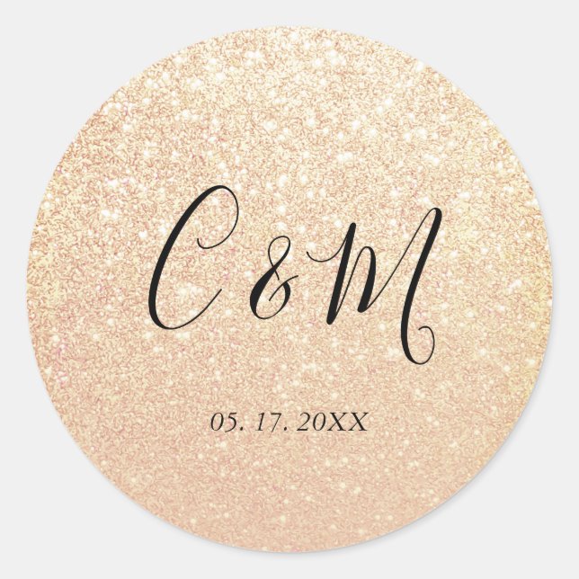 Elegante Monogram Gold Glitzer Wedding Runder Aufkleber (Vorderseite)