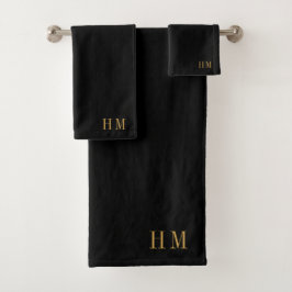 Elegante Monogram Gold Name Black Badhandtuch Set
