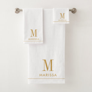 Elegante Monogram Gold Name White Badhandtuch Set
