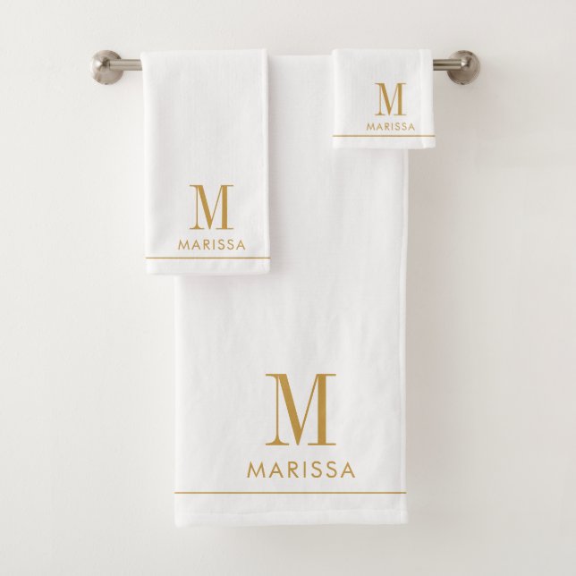 Elegante Monogram Gold Name White Badhandtuch Set (Insitu)