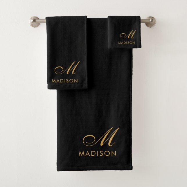 Elegante Monogram Gold Script Name Black Badhandtuch Set (Insitu)