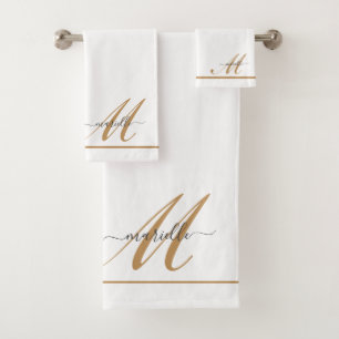 Elegante Monogram Gold Script Name Weiß Badhandtuch Set