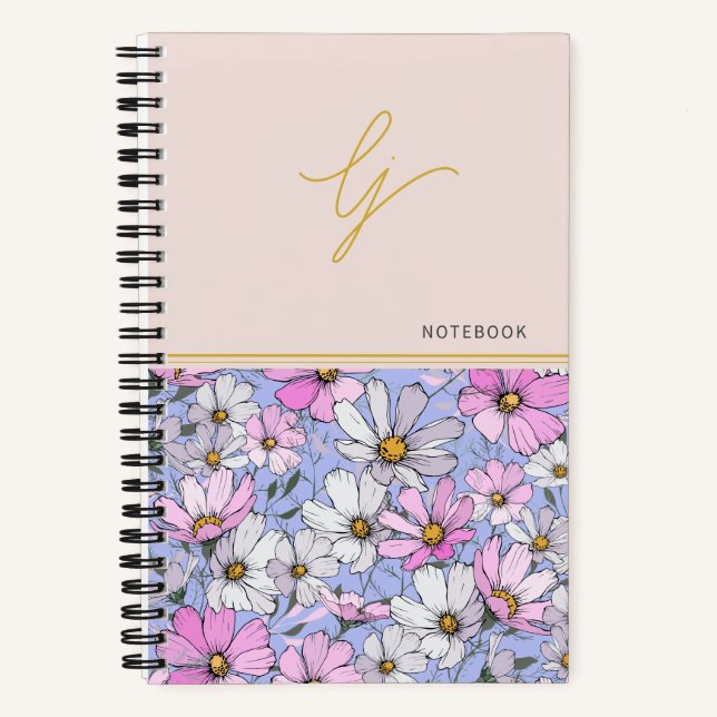 Elegante Monogram Gold Script Rosa Blauen Blumen Notizbuch (Vorderseite)
