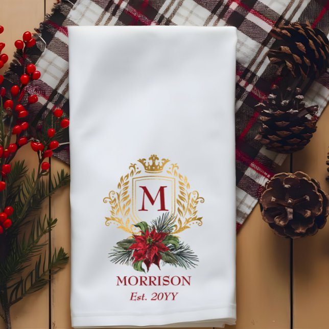 Elegante Monogram Gold Wappen Poinsettia Weihnacht Geschirrtuch (Elegant Monogram Gold-Tone Crest Poinsettia Christmas Kitchen Towel)