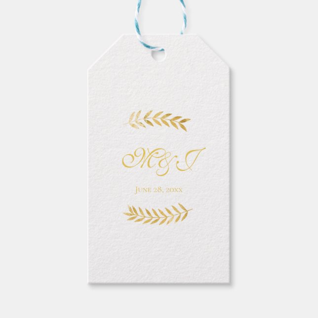 Elegante Monogram Golden Blätter Gastgeschenk Hoch Geschenkanhänger (Vorderseite)