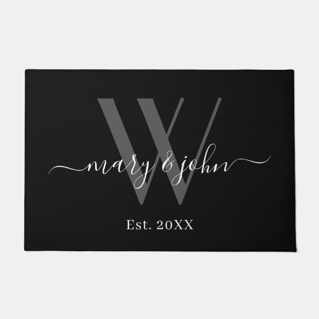 Elegante Monogram Gray Black Names Script Hochzeit Fußmatte (Vorderseite)