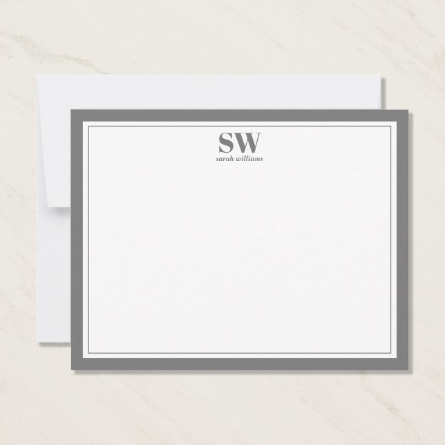Elegante Monogram Gray Border Minimalistisch Note  Mitteilungskarte (Von Creator hochgeladen)
