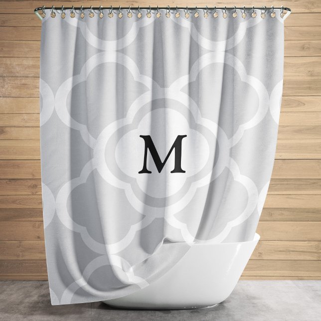 Elegante Monogram Gray Quatrefolie Duschvorhang (Elegant Monogram Gray Quatrefoil Shower Curtain)