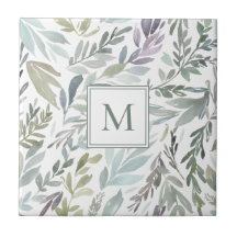 Elegante Monogram Green Blue Botanical Watercolor
