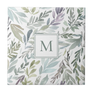 Elegante Monogram Green Blue Botanical Watercolor Fliese