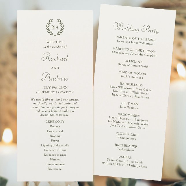 Elegante Monogram Green Cream Wedding Timeline Fla Programm (Von Creator hochgeladen)