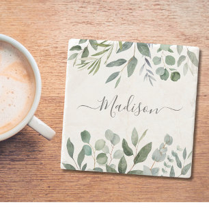 Elegante Monogram Green Eukalyptus Tropical Blätte Steinuntersetzer