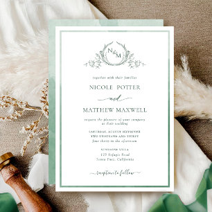 Elegante Monogram Green Watercolor Wedding Invitat Einladung
