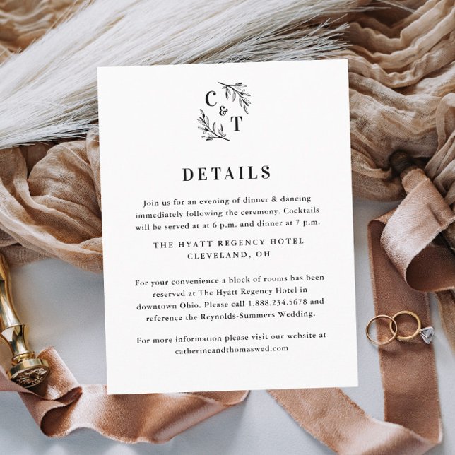 Elegante Monogram Greenerity-Blätter Hochzeitdetai Begleitkarte (Elegant Wedding Monogram Black and White Wedding Invitation Details Enclosure Card.)