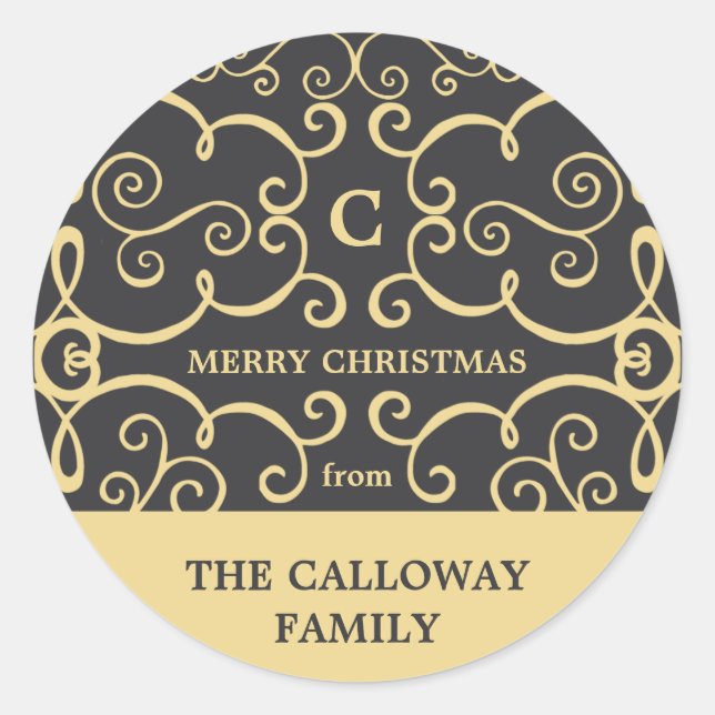 Elegante Monogram Holiday Sticker / Gold (Vorderseite)