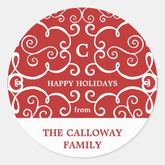 Elegante Monogram Holiday Sticker / Rot (Vorderseite)