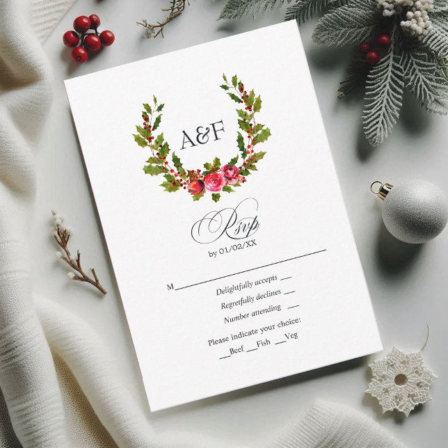 Elegante Monogram Holly and Ivy Christmas RSVP Karte (Elegant Monogram Holly and Ivy Christmas Wedding RSVP Card)