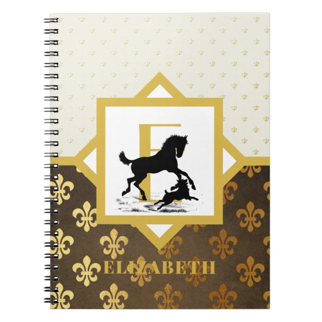 Elegante Monogram Horse Dog Gold Bronze Fleurdelys Notizblock (Vorderseite)