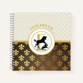 Elegante Monogram Horse Dog Gold Bronze Fleurdelys Notizbuch
