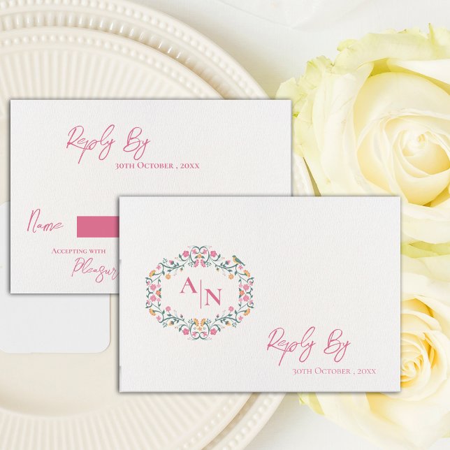 Elegante Monogram Hübsch Intricate Floral Wedding RSVP Karte (Elegant Monogram Pretty Intricate Floral Wedding RSVP Card)