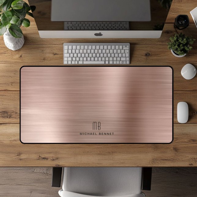Elegante Monogram Imitate Rose Gold gegossene Meta Schreibtischunterlage (Elegant Monogram Faux Rose Gold Brushed Metallic Desk Mat)