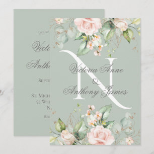 Elegante Monogram Initial Floral Sage Green Weddin Einladung