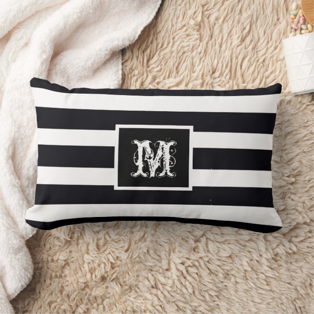 Elegante Monogram Initial Modern Chic Black & Whit Lendenkissen (Decke)