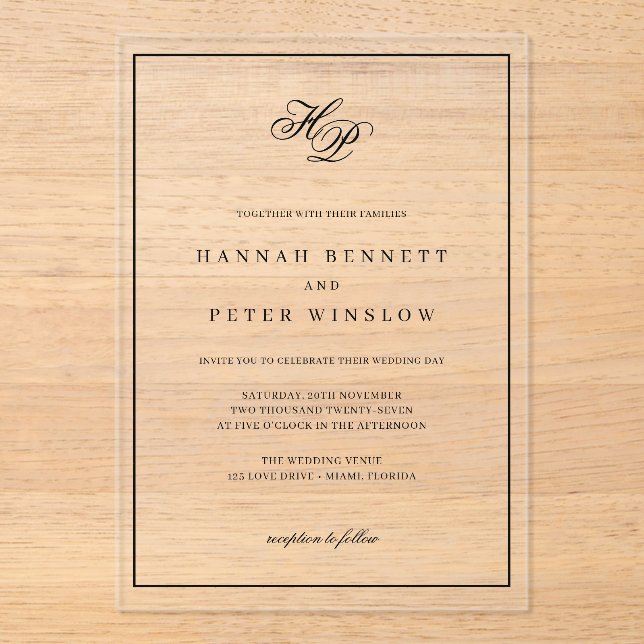 Elegante Monogram-Initials Black Frame Wedding Acryleinladungen (Vorderseite)