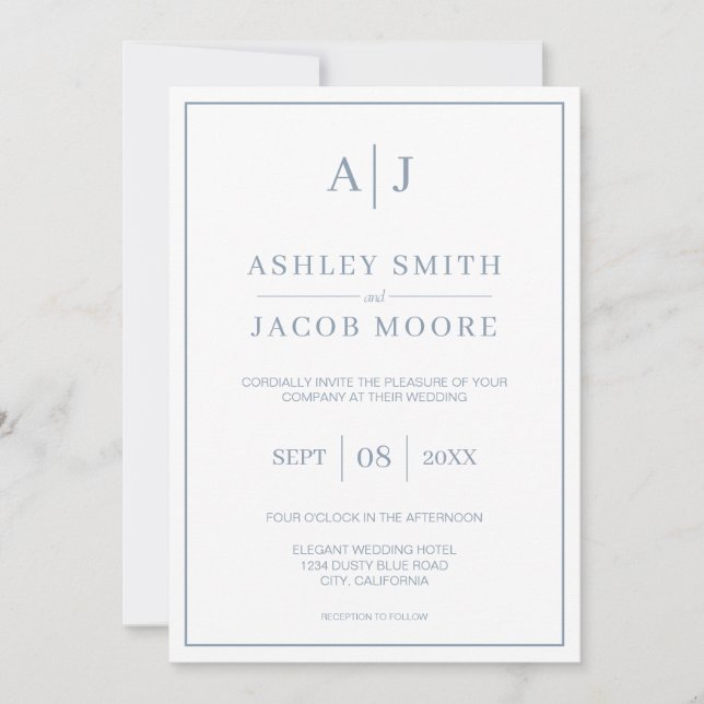 Elegante Monogram Initials Dusty Blue Wedding Einladung (Vorderseite)