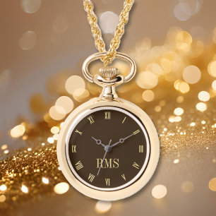 Elegante Monogram Ladys Brown Gold Necklace Watch Armbanduhr