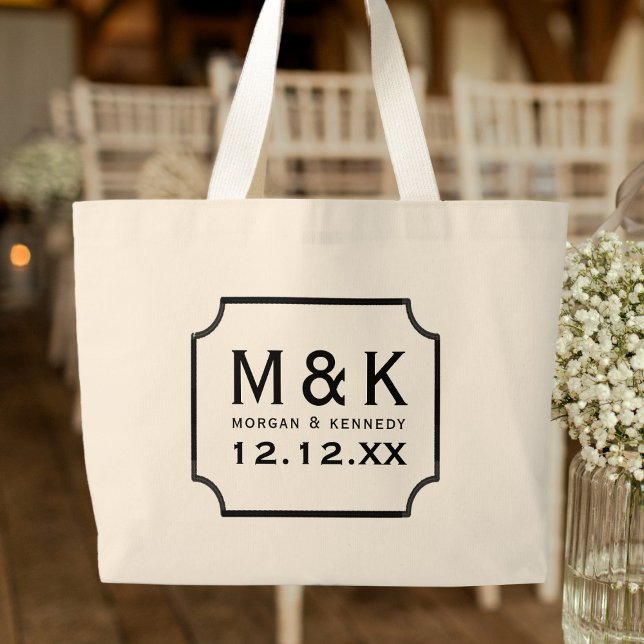 Elegante Monogram Large Wedding Tote Bag Jumbo Stoffbeutel (A classic Monogrammed Wedding Tote Bag with space for your initials and wedding date)