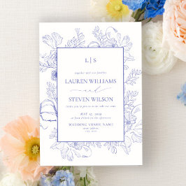 Elegante Monogram Lavender Floral Line Art Wedding Einladung