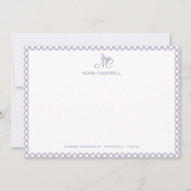 Elegante Monogram Lavender Gingham Note Card Mitteilungskarte (Vorderseite)