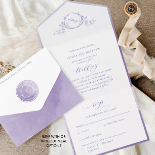 Elegante Monogram Lavender Lilac Watercolor Weddin All In One Einladung