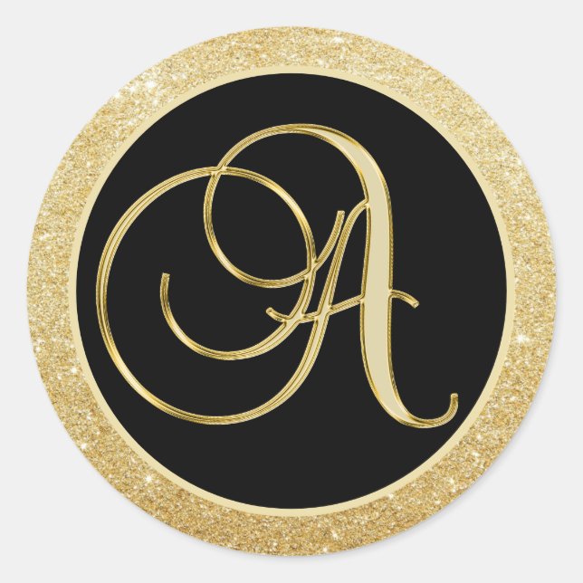 Elegante Monogram Letter A Black Gold Glitzer Sieg Runder Aufkleber (Vorderseite)