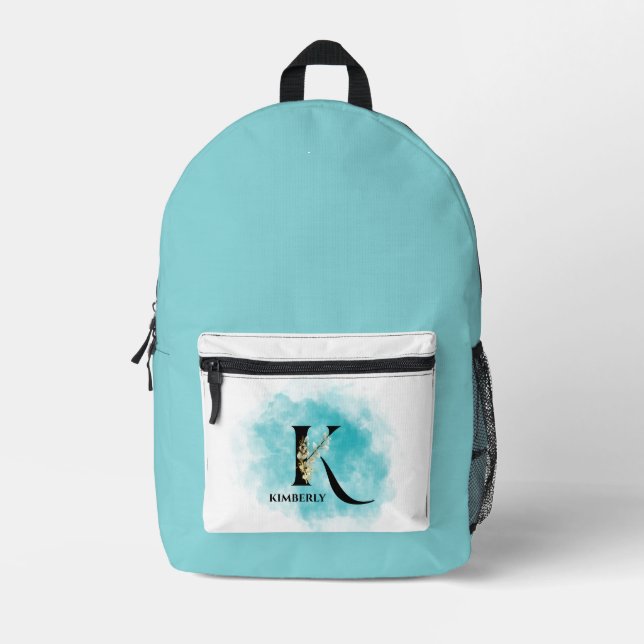 Elegante Monogram Letter K Aquamarin Gold Blume Bedruckter Rucksack (Vorderseite)