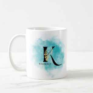 Elegante Monogram Letter K Aquamarin Gold Blume Kaffeetasse
