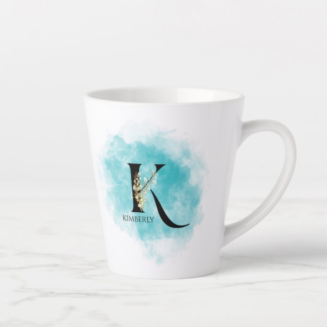 Elegante Monogram Letter K Aquamarin Gold Blume Milchtasse (Rechts)