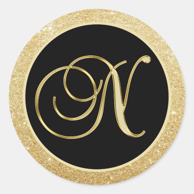 Elegante Monogram Letter N Black Gold Glitzer Sieg Runder Aufkleber (Vorderseite)