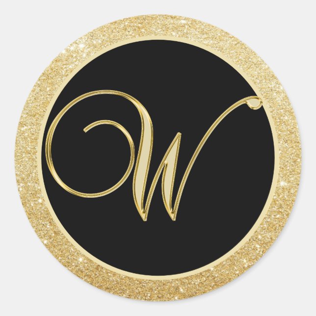 Elegante Monogram Letter W Black Gold Glitzer Sieg Runder Aufkleber (Vorderseite)