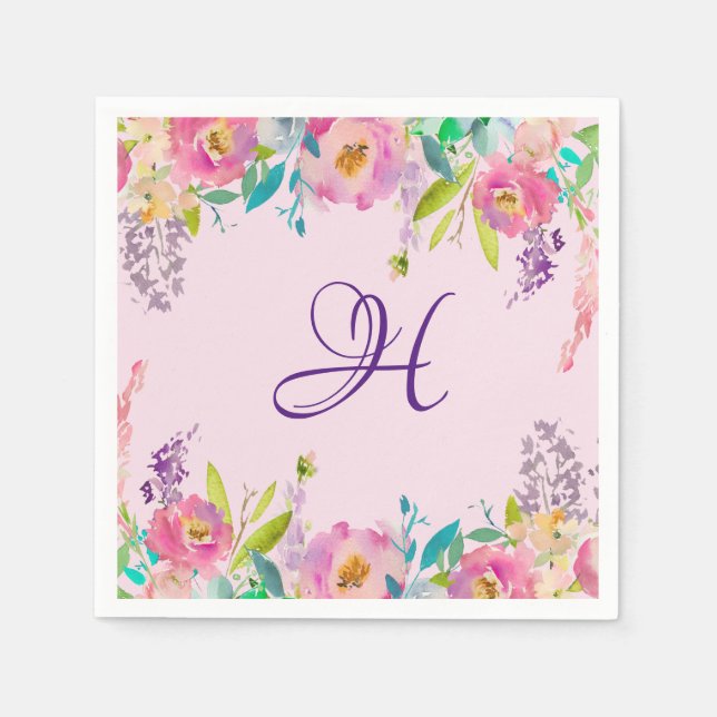 Elegante Monogram Lila Pink Spring Floral Serviette (Vorderseite)