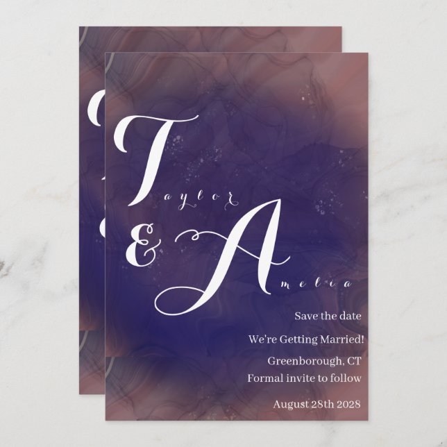 Elegante Monogram Lila Wedding Save The Date (Vorne/Hinten)