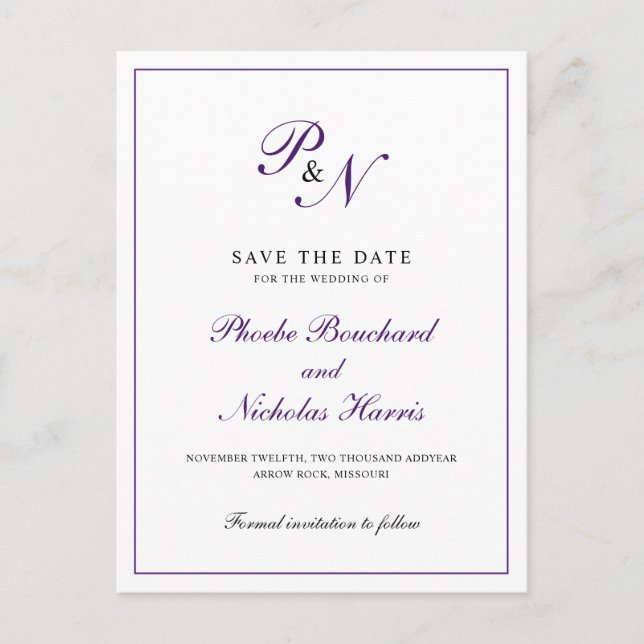 Elegante Monogram Lila Wedding Save the Date Ankündigungspostkarte (Vorderseite)