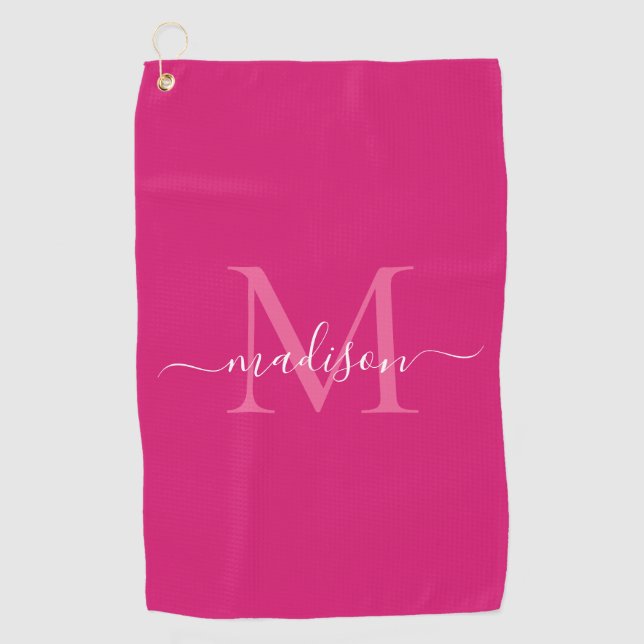 Elegante Monogram Magenta Pink White Girly Script Golfhandtuch (Vorderseite)