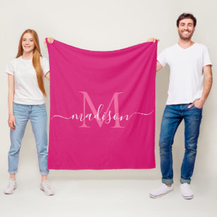 Elegante Monogram Magenta Pink White Modern Script Fleecedecke