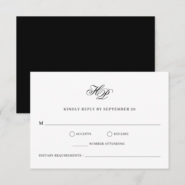 Elegante Monogram Minimal Black & White Wedding RSVP Karte (Vorne/Hinten)
