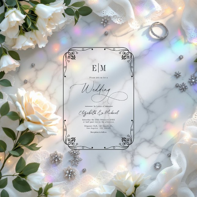 Elegante Monogram Minimalistisch Wedding Acryleinladungen (Elegant Black Floral Minimalist Wedding Acrylic Invitation)