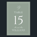 Elegante Monogram Modern Script Sage Green Wedding Tischnummer<br><div class="desc">Mit unseren eleganten Monogram Modern Script Sage Green Wedding Tischnummer Karten führen Sie Ihre Gäste stilvoll auf ihre Plätze. Diese wunderschön gestalteten Karten verfügen über eine luxuriöse, grün-weiße Farbpalette, die perfekt geeignet ist, um jede formale Angelegenheit mit einer Touch an Eleganz zu bereichern. Die raffinierte Kalligraphie-Schrift und das klassische Monogramm-Design...</div>