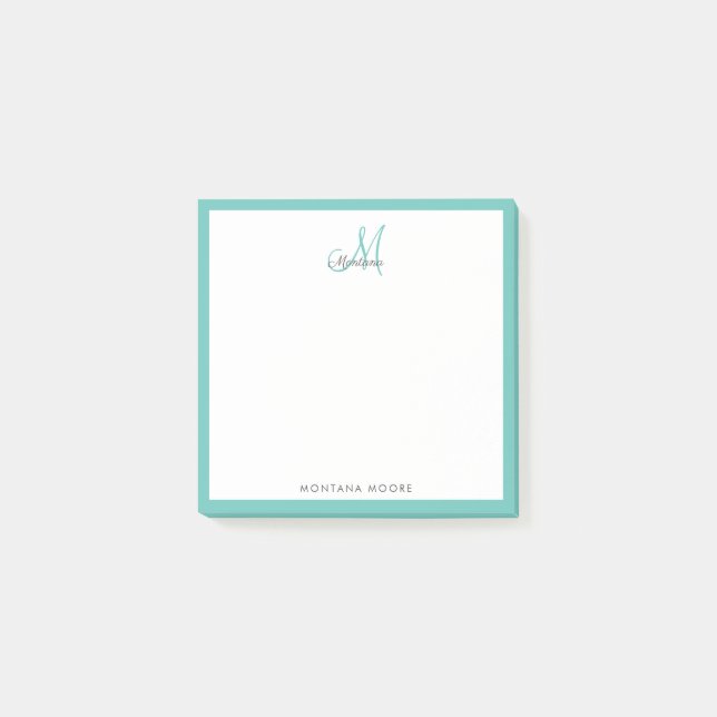 Elegante Monogram Modern Simple Girly Aquamarin Post-it Klebezettel (Vorderseite)