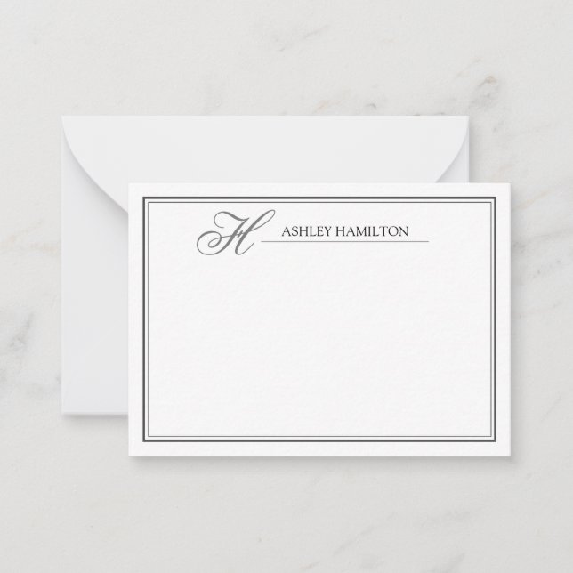 Elegante Monogram Name Black Gray Note Card Mitteilungskarte (Vorderseite)